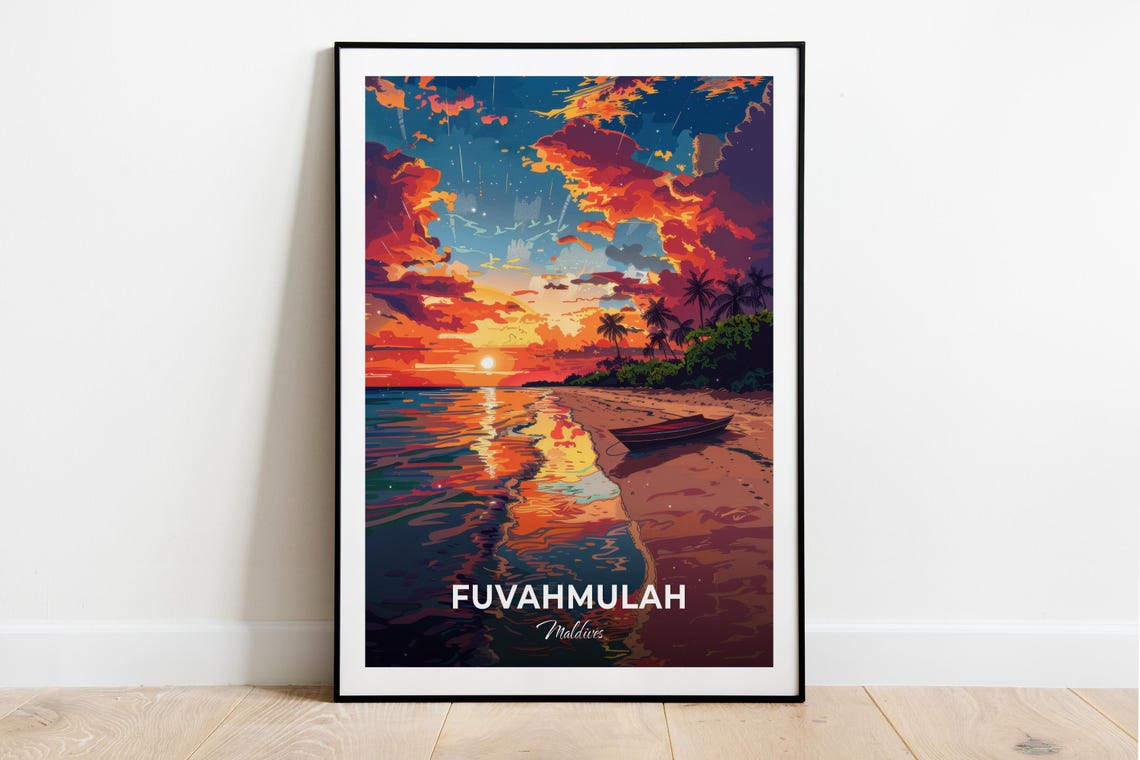 Fuvahmulah Maldives Thoondu Beach Sunset Modern Travel Poster