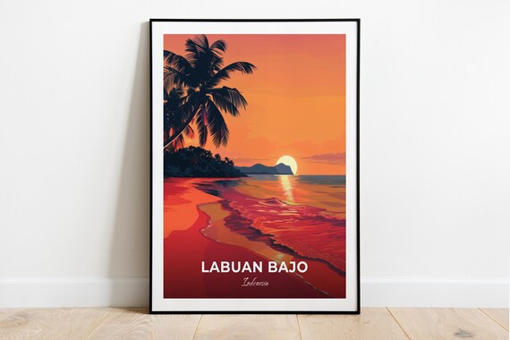 Labuan Bajo Sunset Beach Palm Silhouette Indonesia Vintage Travel Poster