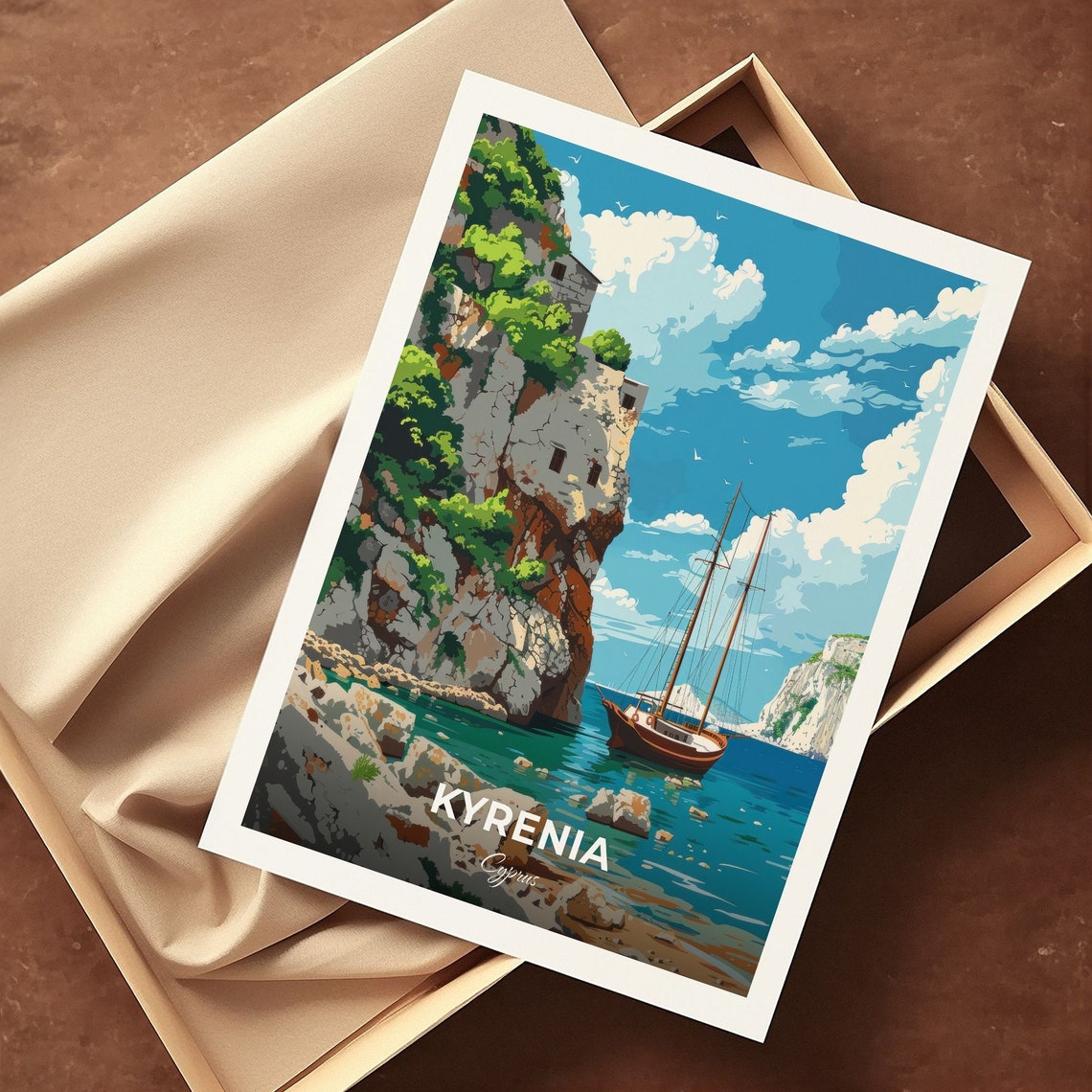 Kyrenia Cyprus Coastal Cliffs Sailing Ship Cove Travel Poster - Image 3