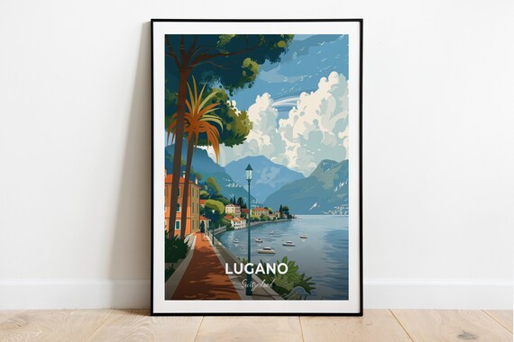 Lugano Switzerland Palm Promenade Lakeside Boats Mountain Travel Poster