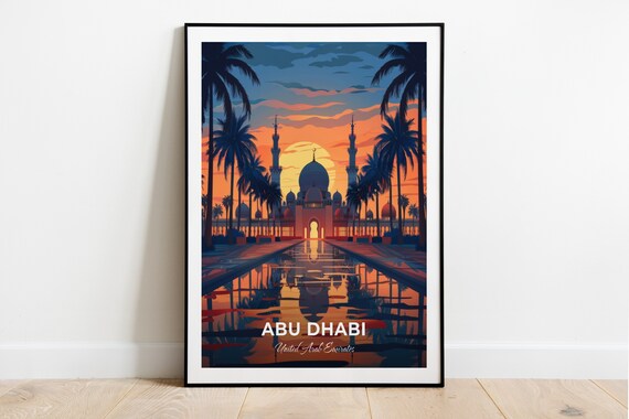 Abu Dhabi UAE Grand Mosque Sunset Palms Reflecting Pool Travel Poster