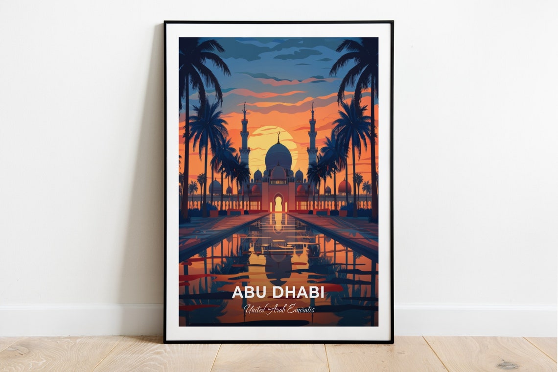 Abu Dhabi UAE Grand Mosque Sunset Palms Reflecting Pool Travel Poster