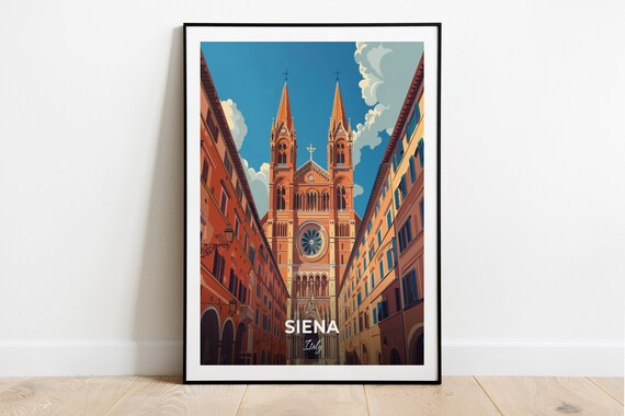 Siena Italy Twin Spire Cathedral Facade Blue Sky Travel Poster