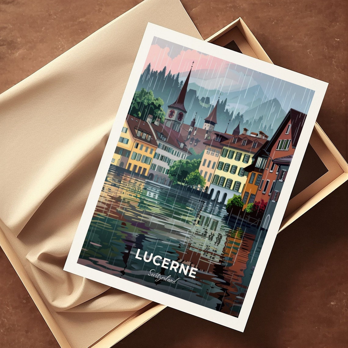 Lucerne Switzerland Rainy Old Town Clock Tower Lake Reflection Poster - Image 3