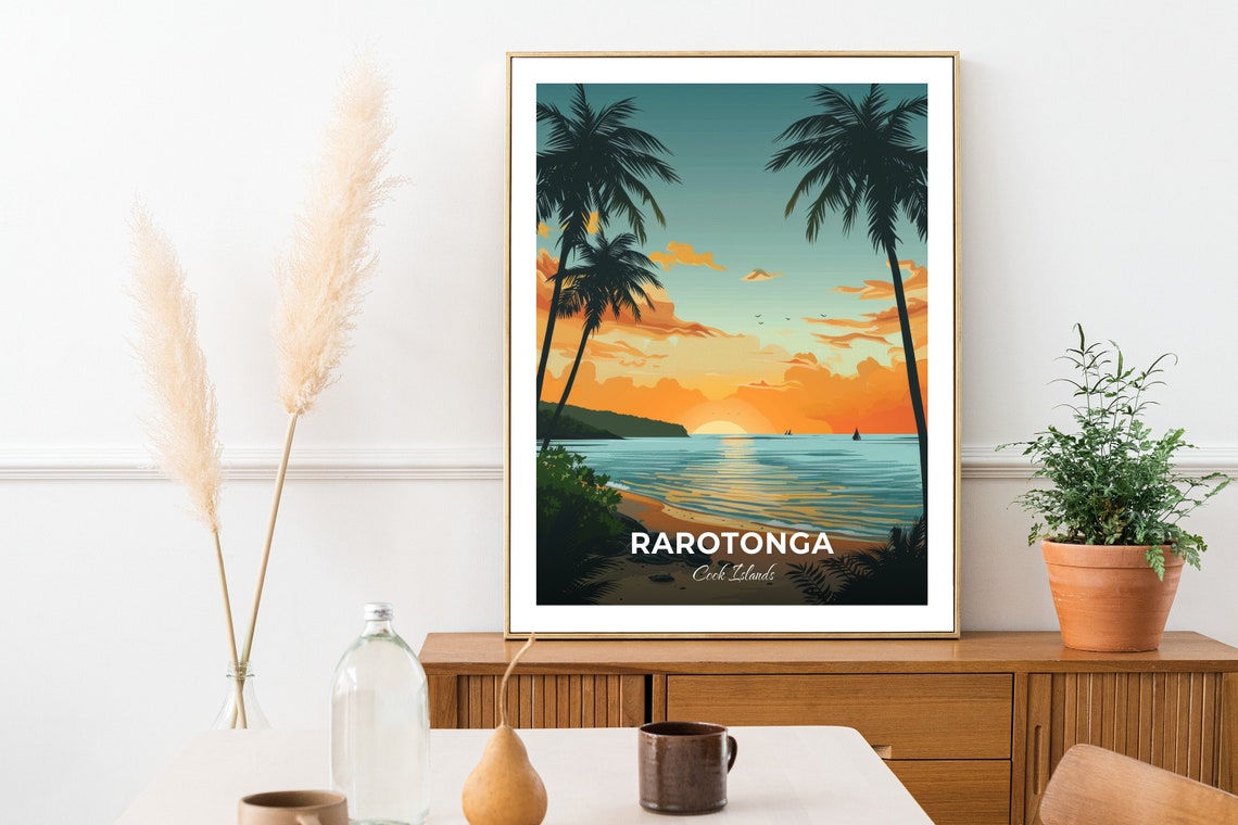 Rarotonga Cook Islands Sunset Beach Palm Trees Travel Poster - Image 3