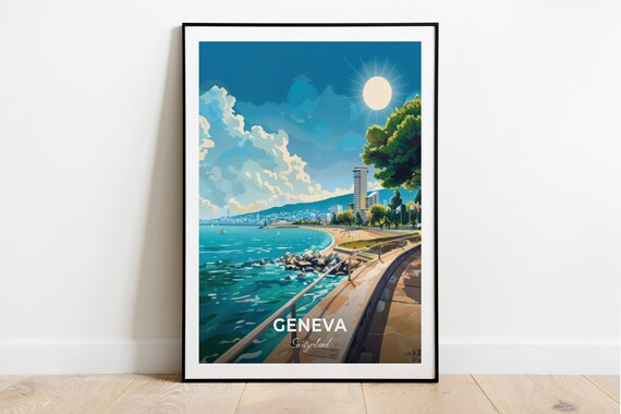 Geneva Switzerland Lakeside Promenade Sunny Day Lake Travel Poster