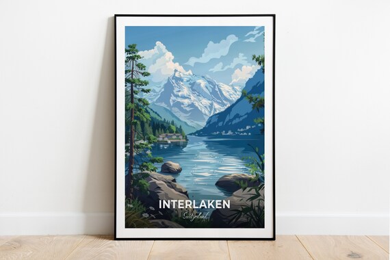 Interlaken Switzerland Travel Poster Snow Peaks Mirror Lake Artwork