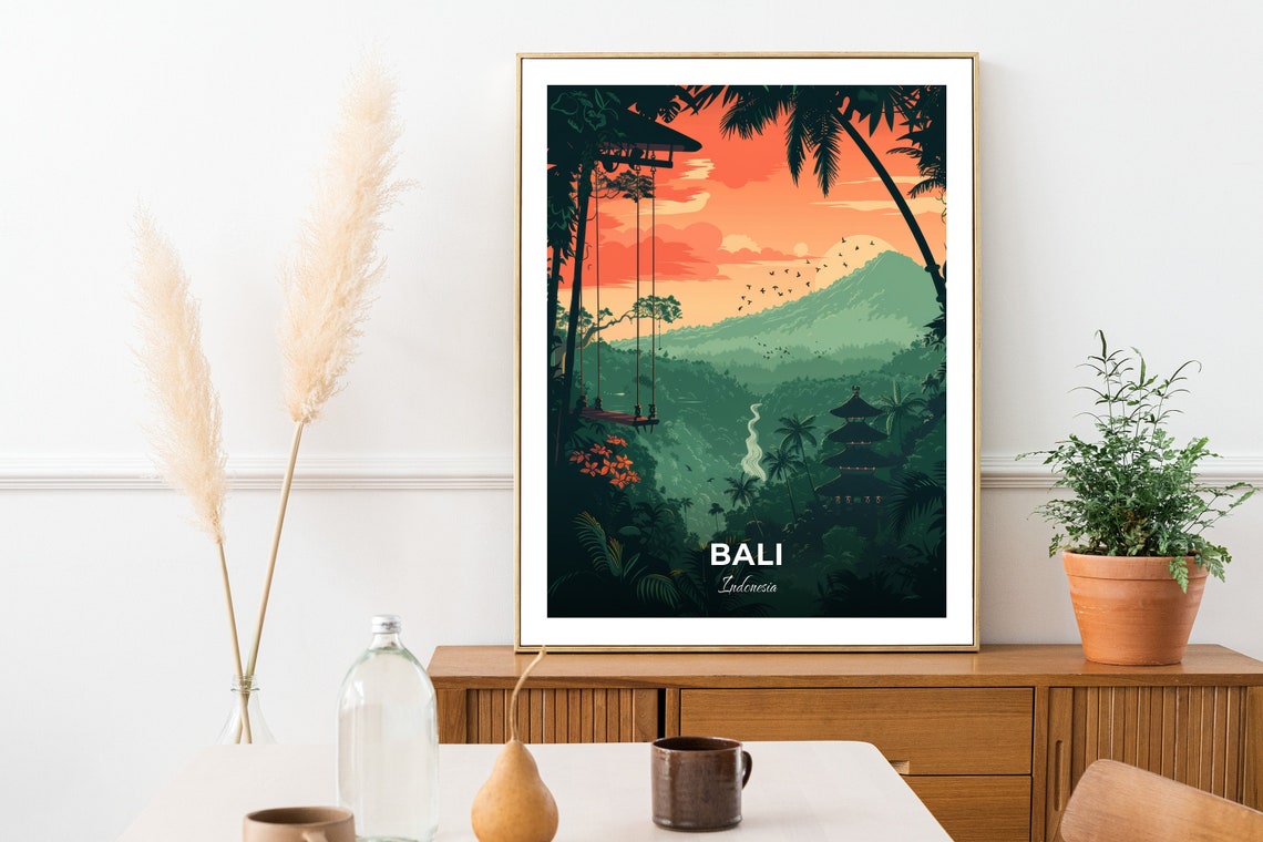 Bali Swing Jungle Sunset Over Valley Palm Temple Travel Poster - Image 2