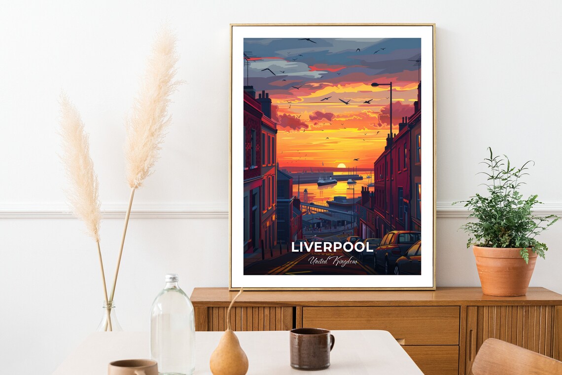 Liverpool Sunset Harbor Street Boats Warm Sky Travel Poster UK - Image 2