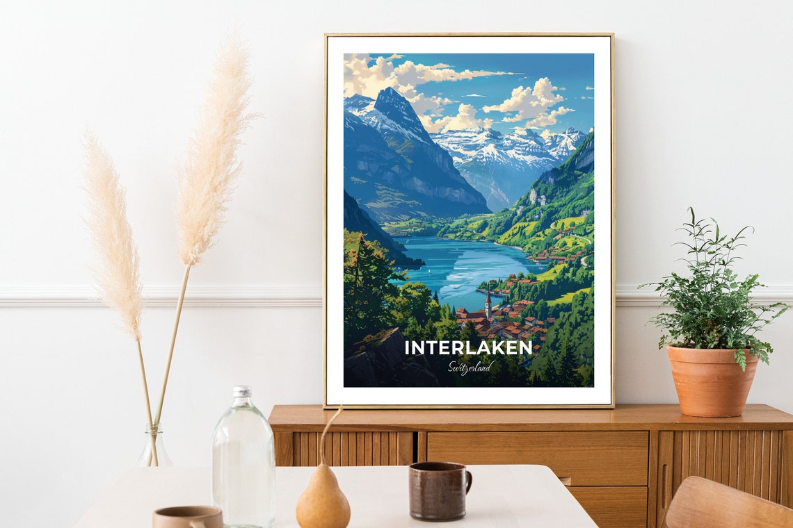 Interlaken Turquoise Alpine Lake Village Mountain Panorama Poster - Image 2