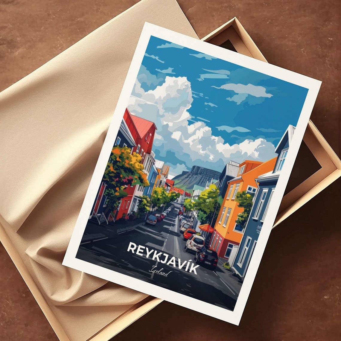 Reykjavik Laugavegur Colorful Street Shops Mountain Backdrop Poster - Image 3