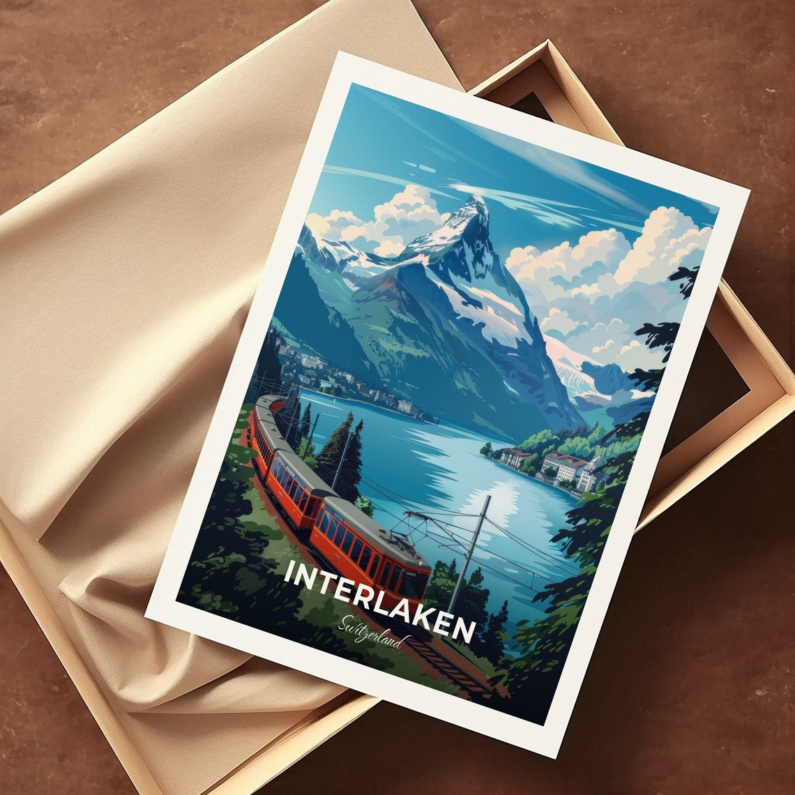 Interlaken Switzerland Jungfrau Mountain Lake Red Train View Poster - Image 3