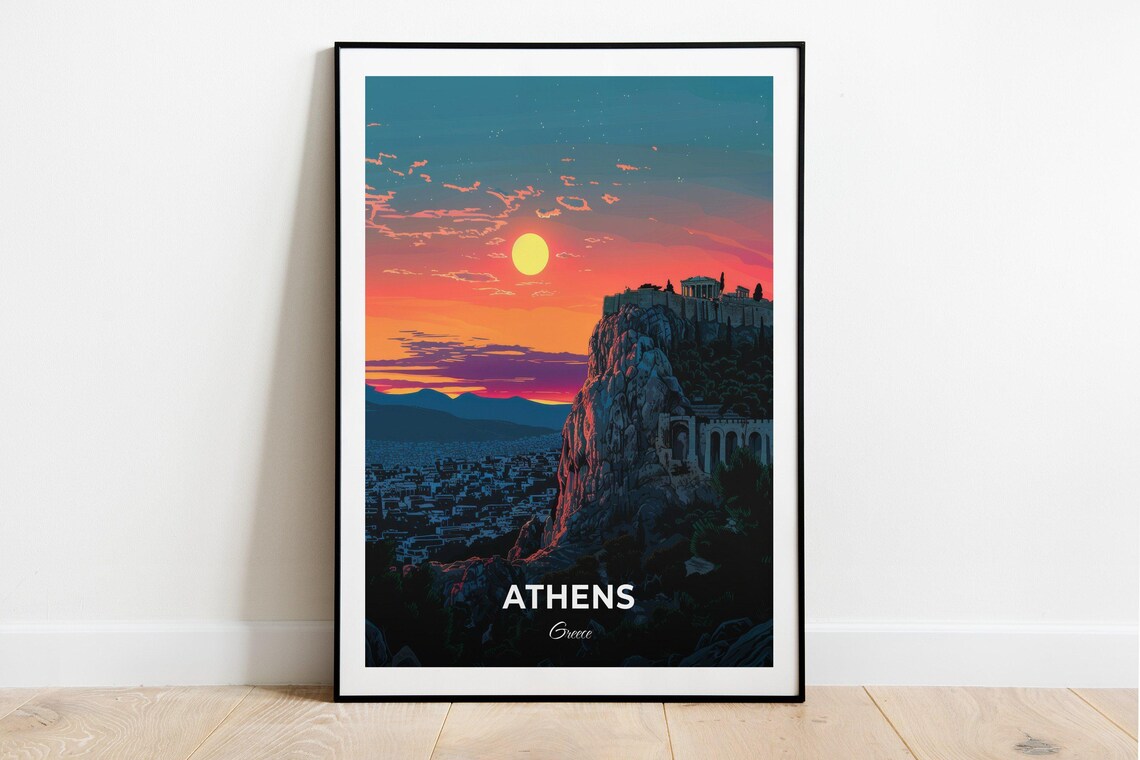 Athens Greece Acropolis Sunset Ancient Hill Rock Glare Art Poster