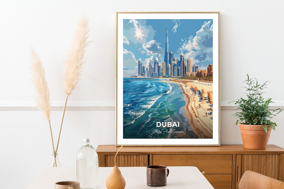 Dubai Jumeirah Beach Burj Khalifa Skyline UAE Vintage Travel Poster - Image 2