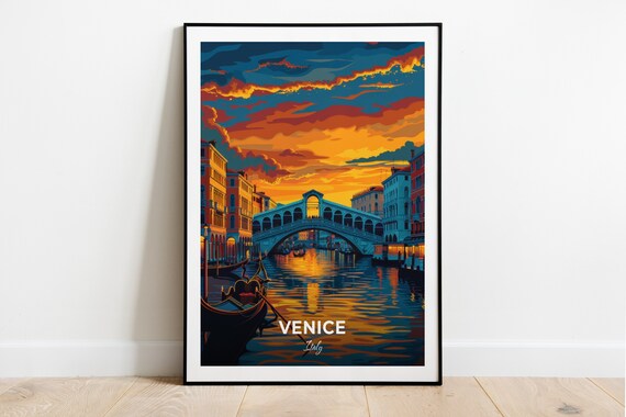 Venice Italy Rialto Bridge And Gondolas In A Fiery Sunset Poster