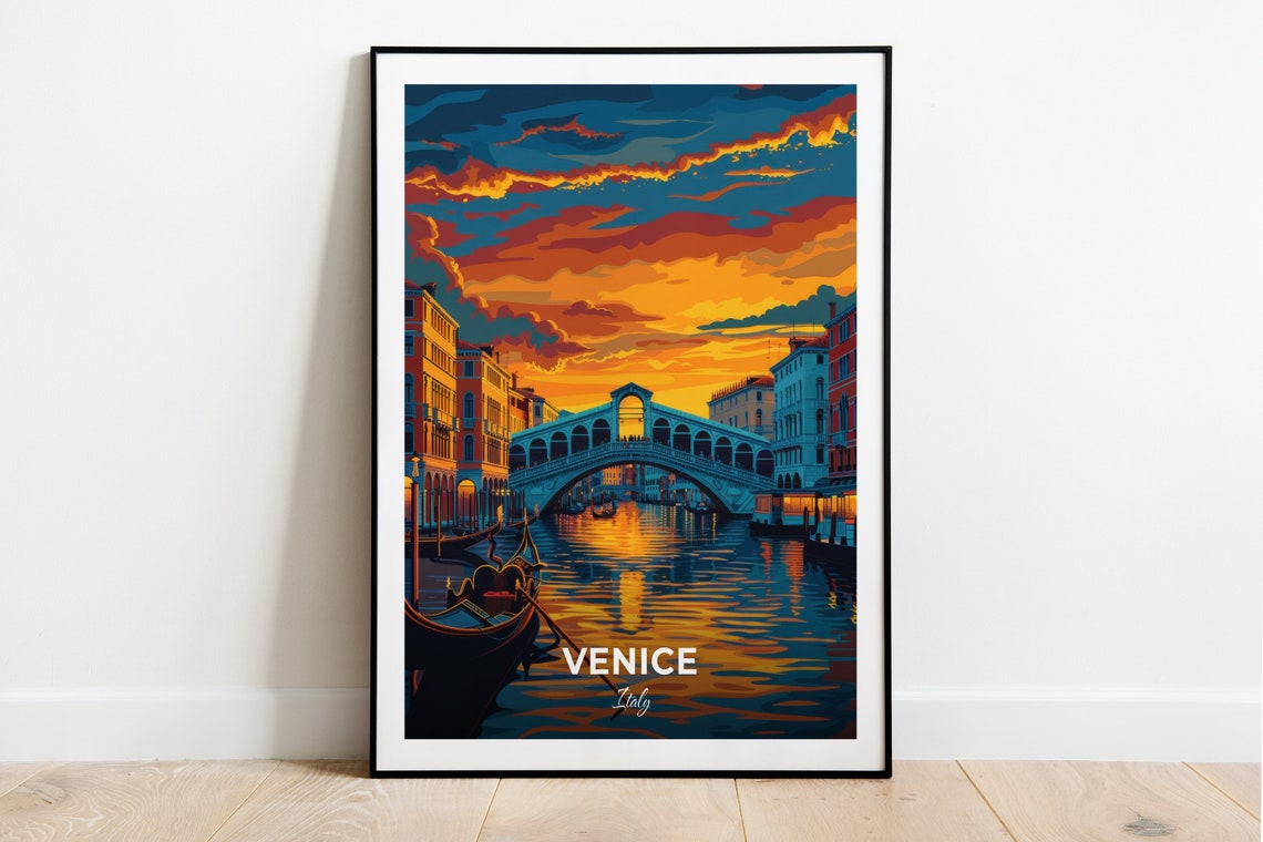 Venice Italy Rialto Bridge And Gondolas In A Fiery Sunset Poster