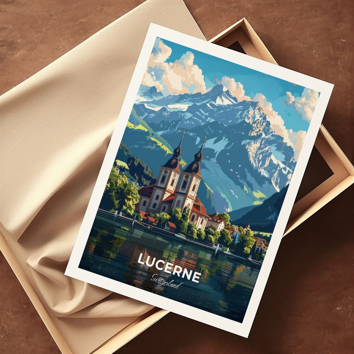 Lucerne Switzerland Hof Church Twin Spires Alpine Lake View Poster - Image 3