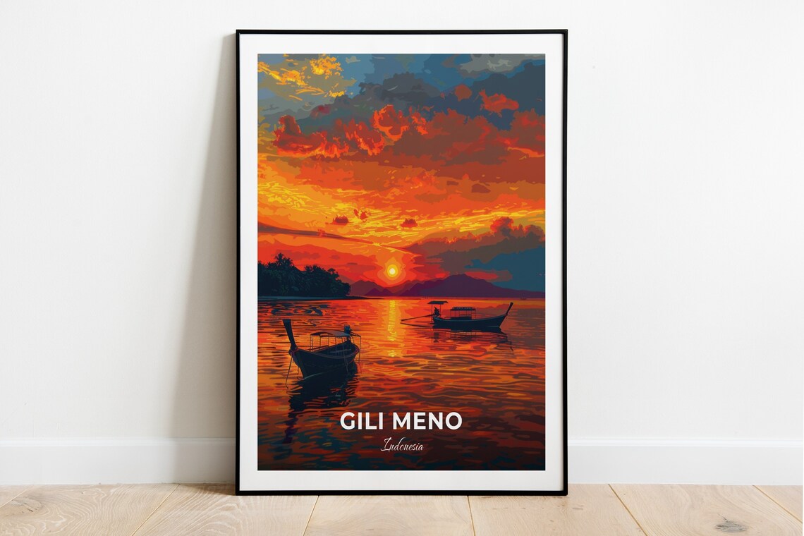 Gili Meno Sunset Boats Fiery Sky Calm Sea Indonesia Vintage Travel Poster