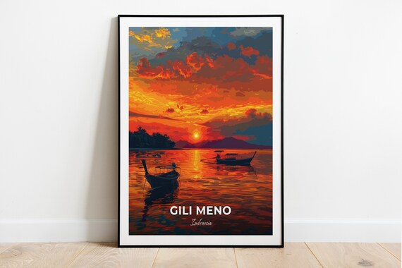 Gili Meno Sunset Boats Fiery Sky Calm Sea Indonesia Vintage Travel Poster