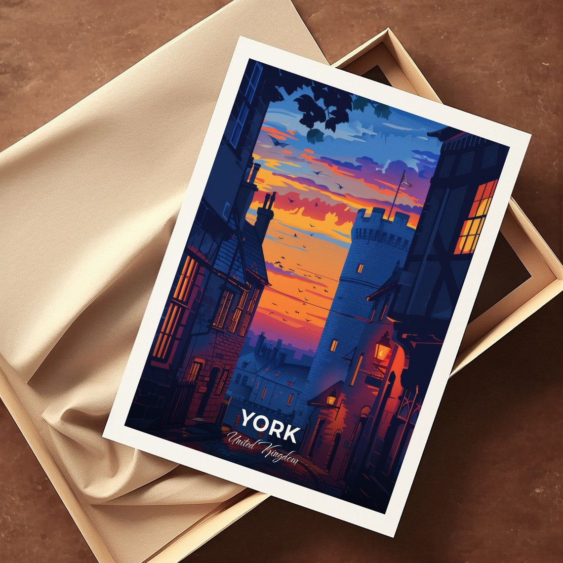 York United Kingdom Medieval Tower Night Street Glowing Windows Poster - Image 3