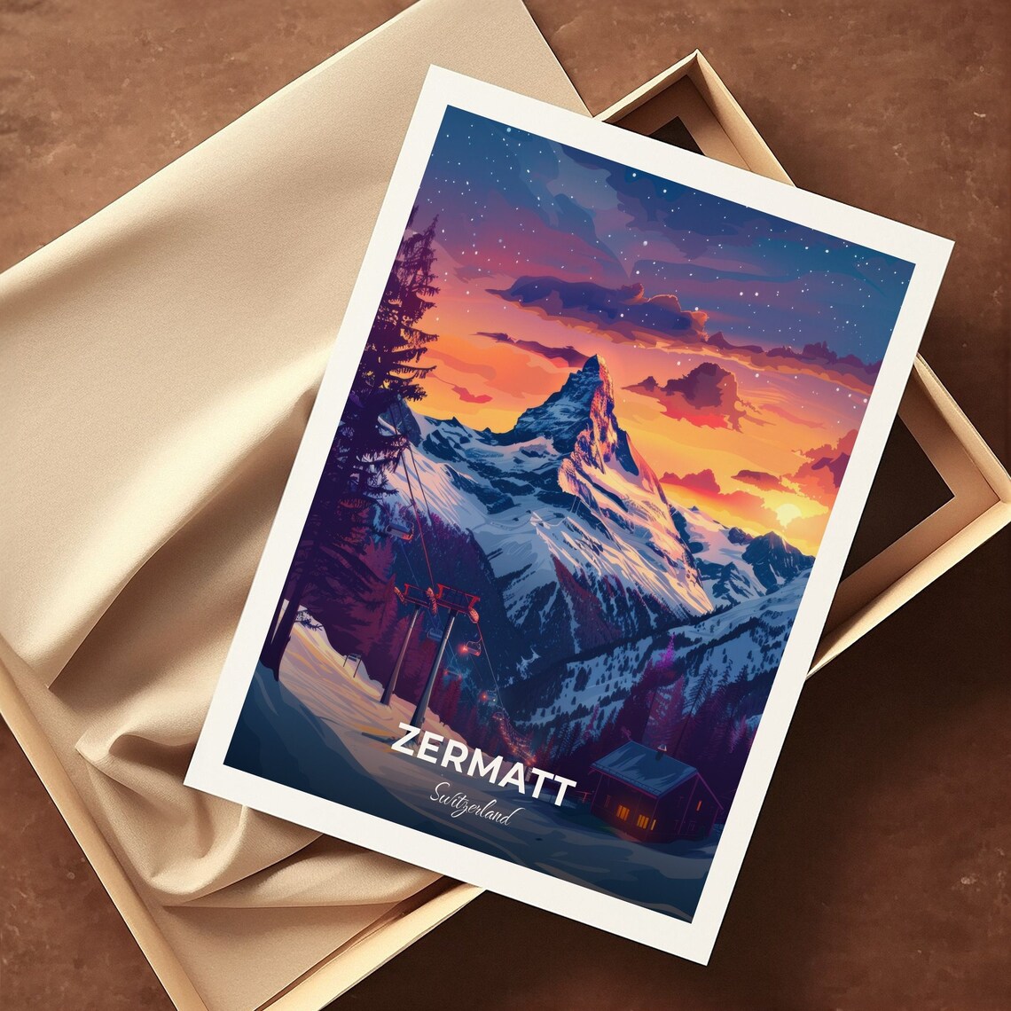 Zermatt Switzerland Matterhorn Alpenglow Ski Slopes Cabin Travel Poster - Image 3