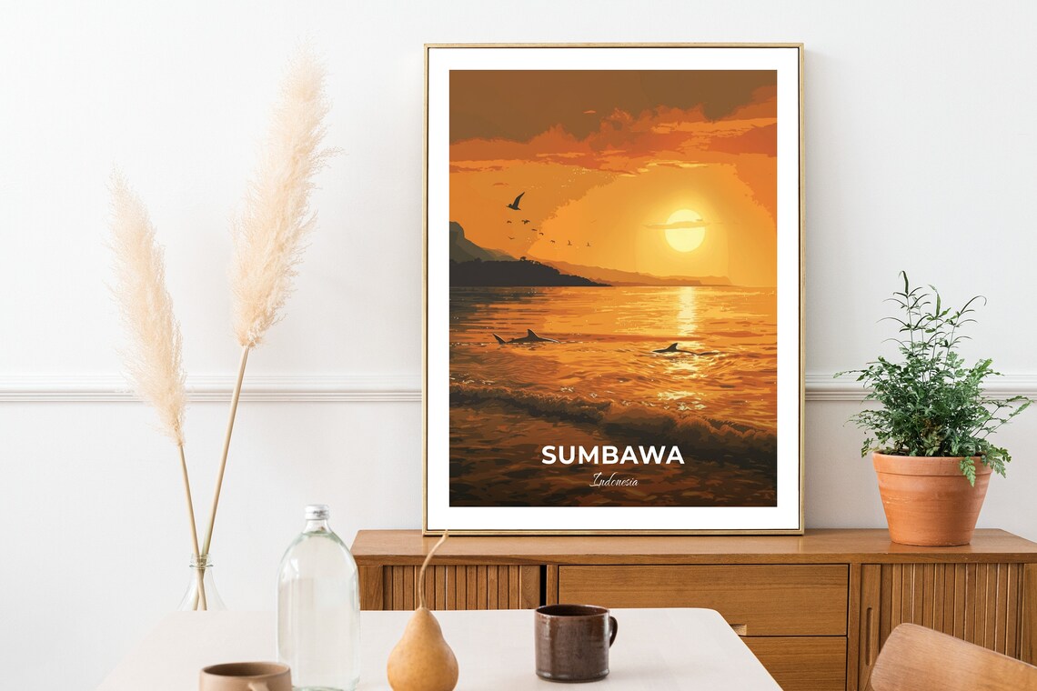 Sumbawa Golden Sunset Marine Life Ocean Indonesia Vintage Travel Wall Art - Image 3