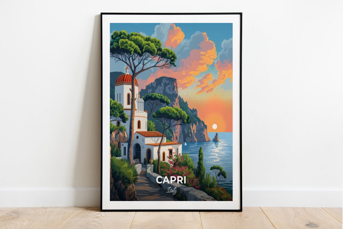 Capri Italy White Monastery Church Sunset Sea Cliffs View Poster