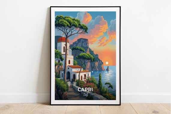 Capri Italy White Monastery Church Sunset Sea Cliffs View Poster