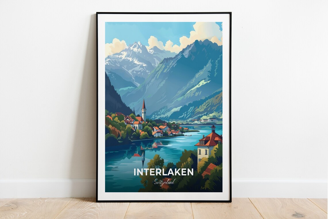 Interlaken Aare River Alpine Village Church Lake View Travel Poster