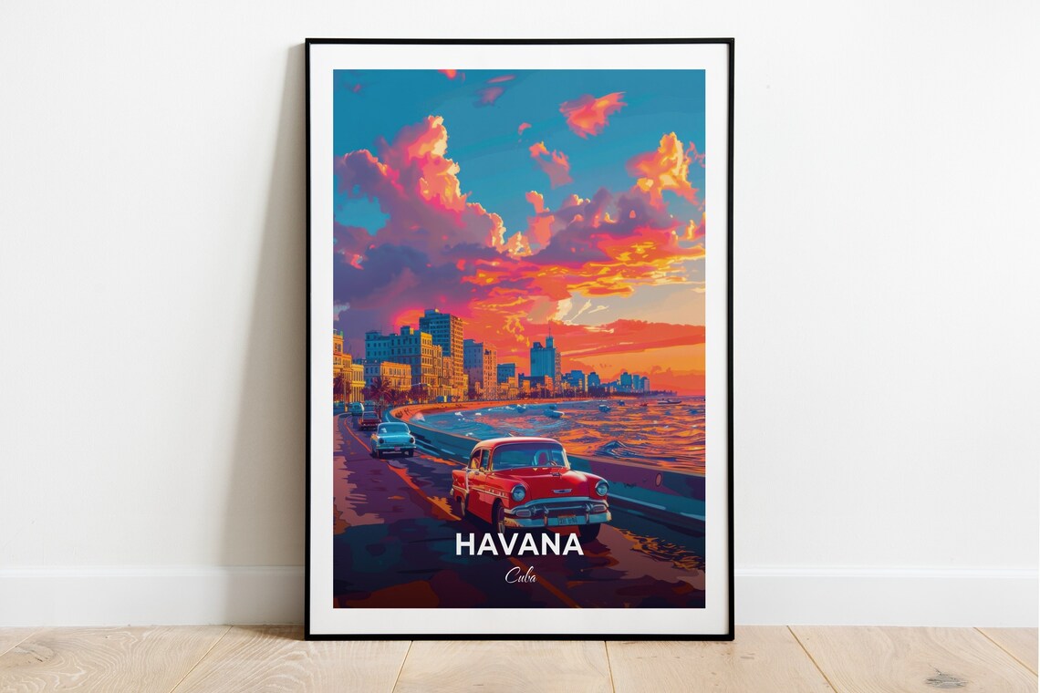 Havana Cuba Malecon Seafront Promenade Classic Cars Sunset Travel Poster