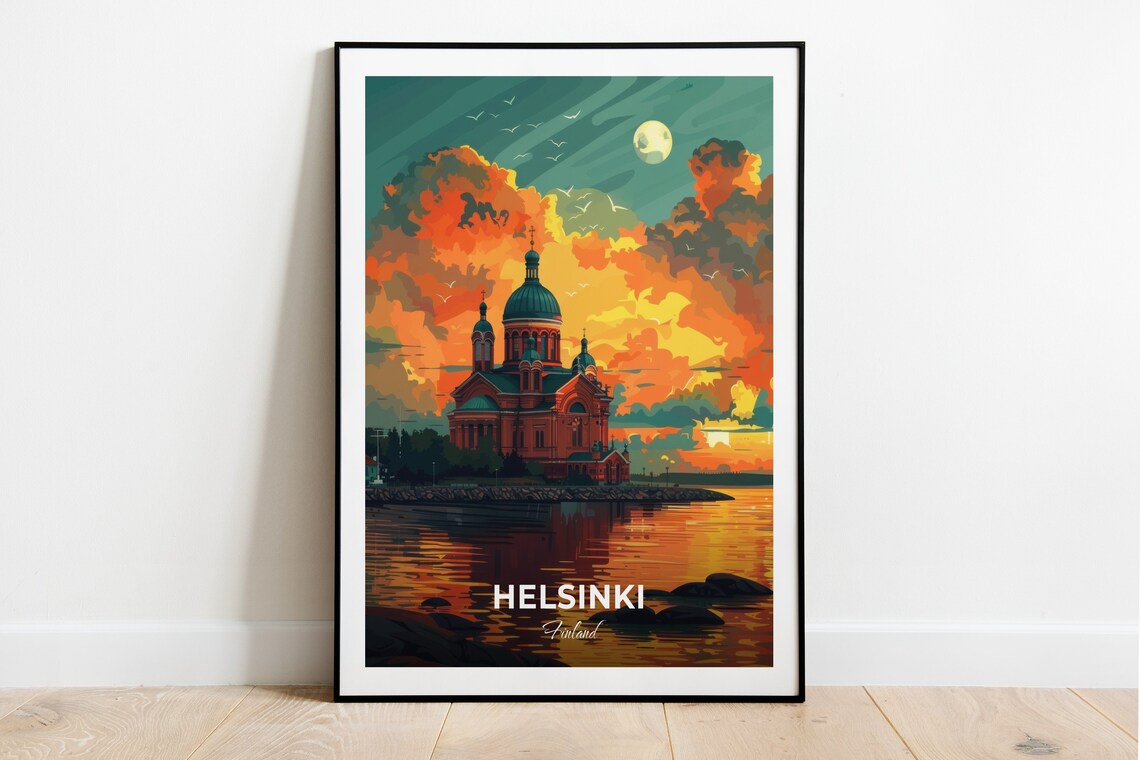 Helsinki Uspenski Cathedral Sunset Harbor Finland Waterfront Travel Poster