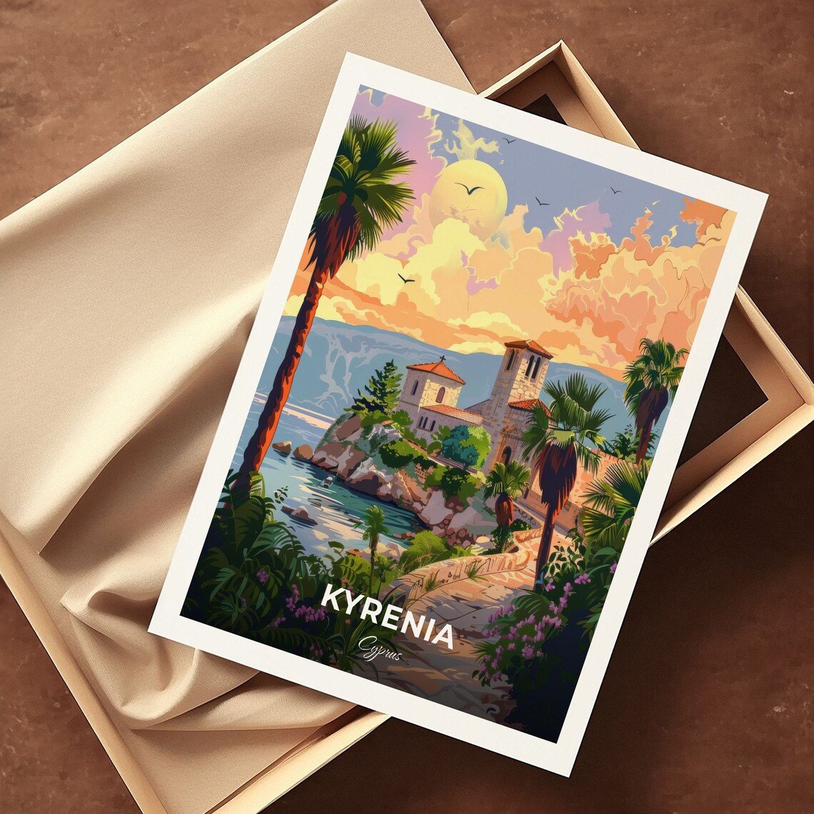 Kyrenia Cyprus Bellapais Abbey Ruins Coast Palms Sunset Travel Poster - Image 3