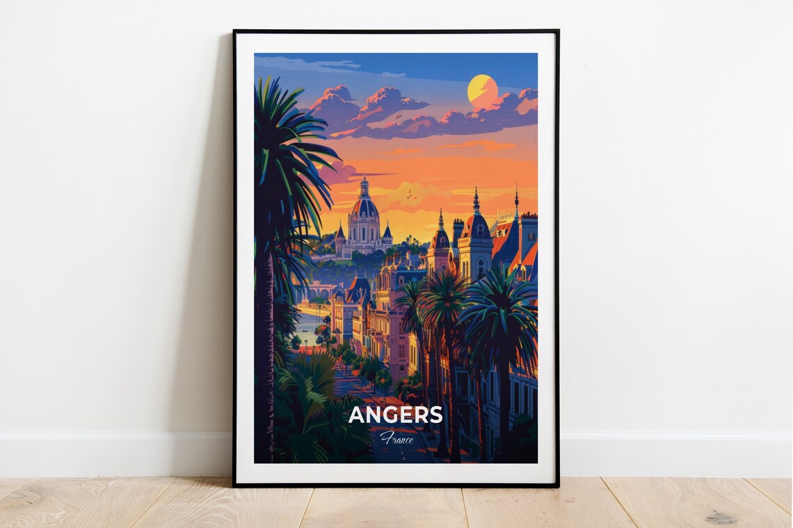 Angers France Sunset Domed Church Old Town Skyline Travel Poster