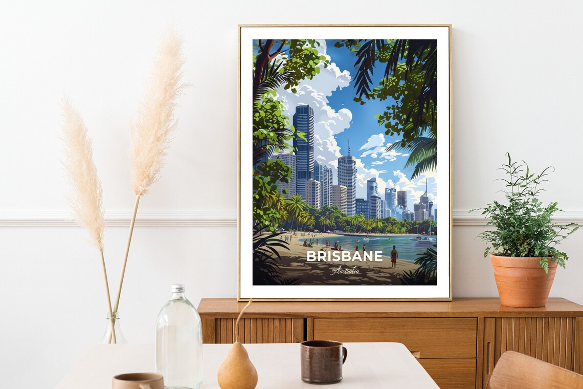 Brisbane Australia South Bank Beach Skyline Palms Travel Poster - Image 2