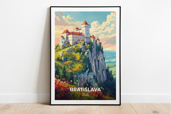 Bratislava Slovakia Hilltop Castle Rocky Cliff Danube Travel Poster