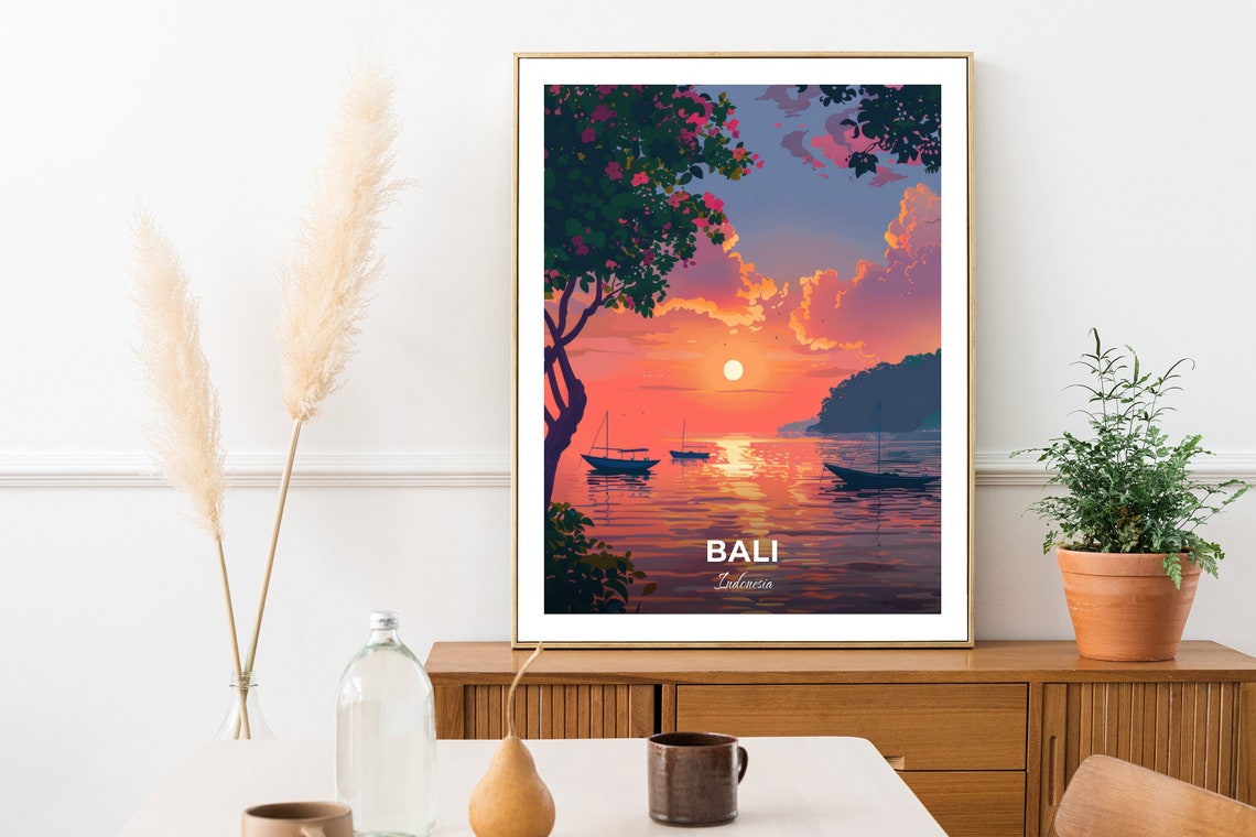 Bali Lovina Beach Sunset Boats Orange Sky Tropical Travel Poster - Image 2
