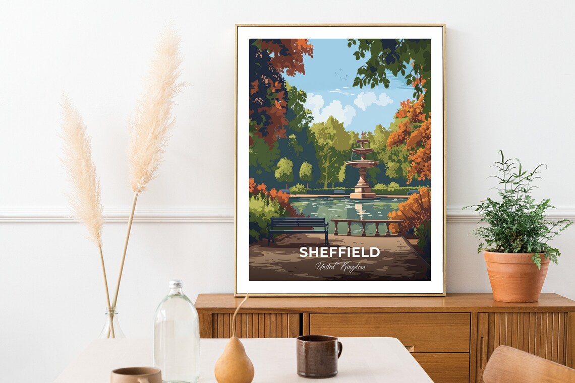 Sheffield England Botanical Gardens Fountain Pond Autumn Garden Poster - Image 2