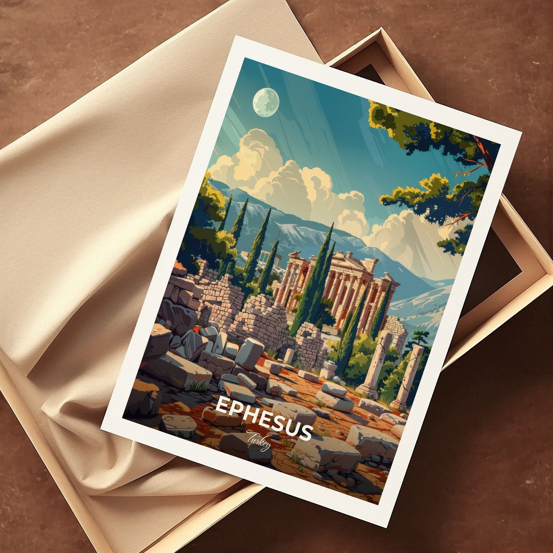 Ephesus Turkey Moonlit Ancient Column Ruins Vintage Travel Poster - Image 3