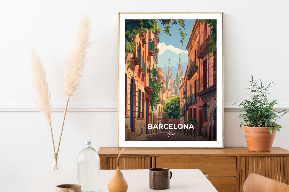 Barcelona Spain Gothic Quarter Cathedral Street Old Town Travel Poster - Image 2