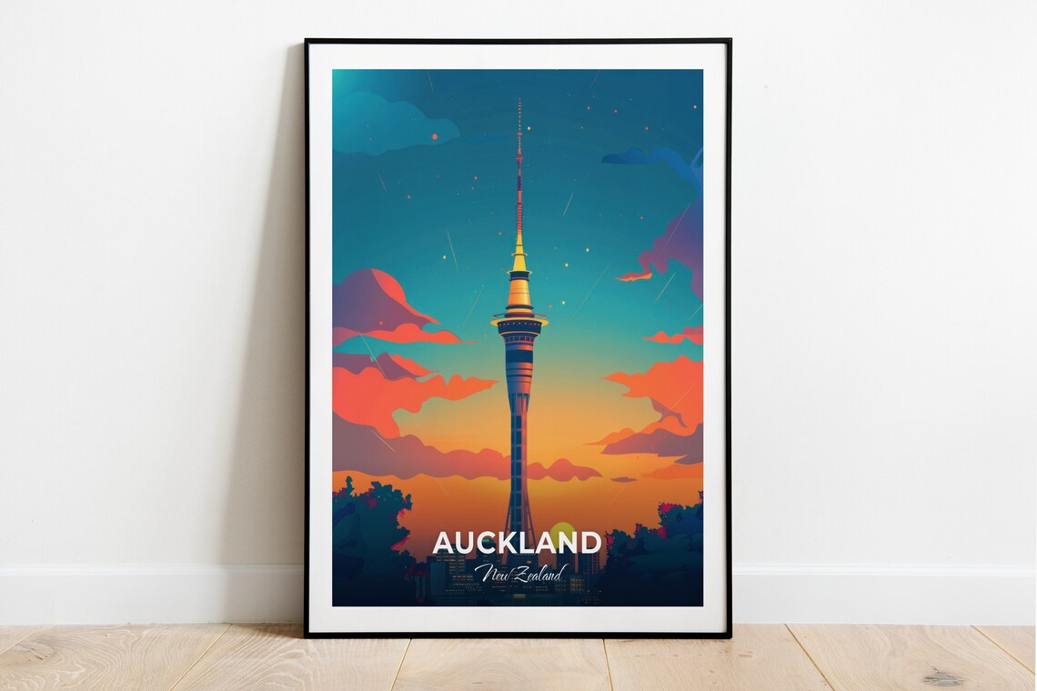 Auckland New Zealand Sky Tower Sunset Silhouette Travel Poster