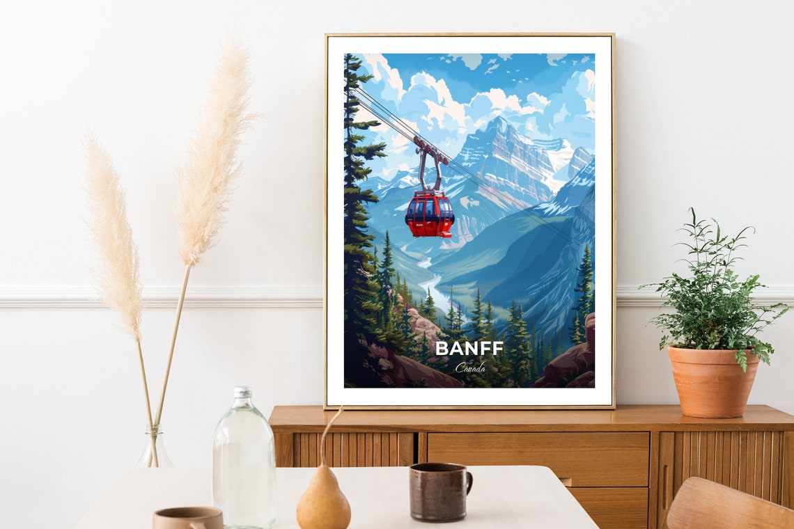 Banff Canada Travel Poster Red Gondola Mountain Valley Ride Artwork - Image 2