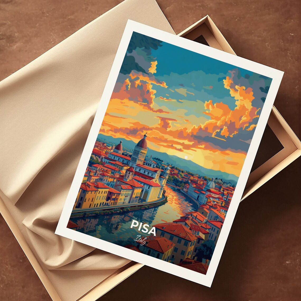 Pisa Italy Lungarno River Sunset Golden Sky Historic Cityscape View Poster - Image 3