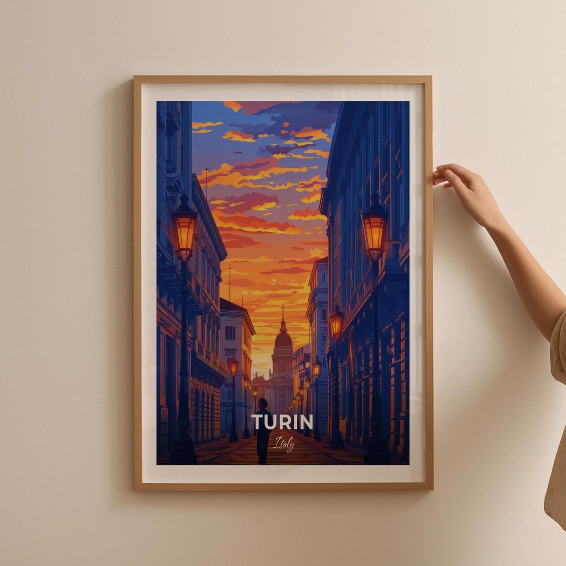 Turin Italy Sunset Street Scene Italian Vintage Travel Poster - Image 2
