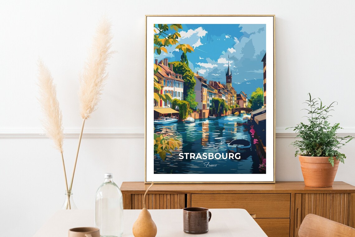 Strasbourg France Blue Canal Colorful Houses Boats Travel Poster - Image 2