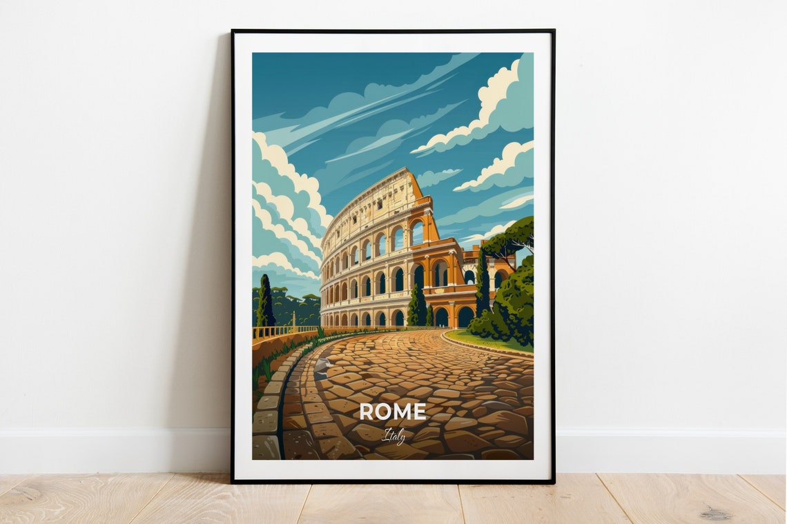 Rome Italy Colosseum Ancient Cobblestone Road Vintage Travel Poster