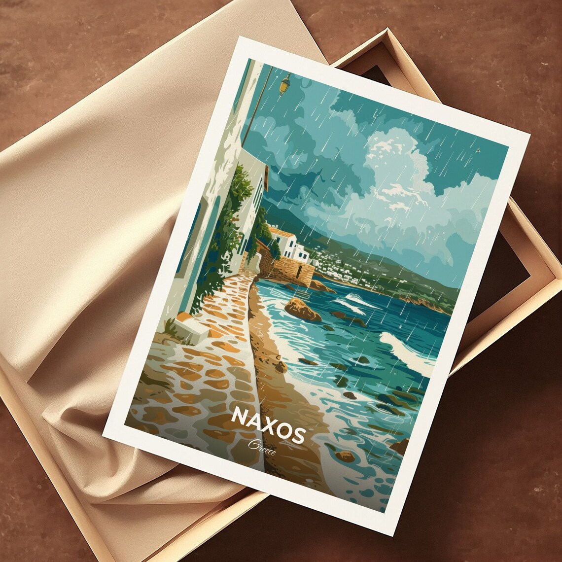Naxos Greece Rainy Beach Stormy Shoreline Stone Path Travel Poster - Image 3
