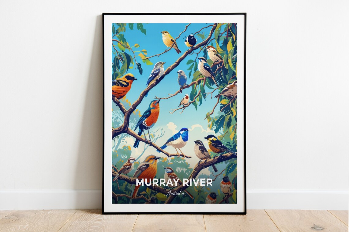Murray River Australia Colorful Songbirds on Branches Travel Poster