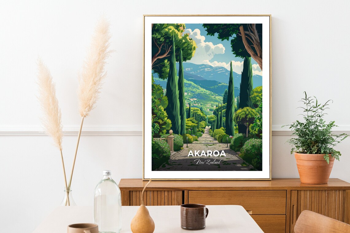 Akaroa Garden of Tane Cypress Path Hills New Zealand Vintage Travel Poster - Image 3