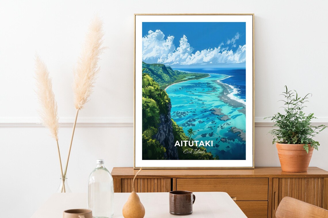 Aitutaki Cook Islands Atoll Lagoon Mountain Tropical Art Poster - Image 3