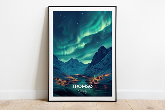 Tromso Norway Northern Lights Dancing Over Arctic Harbor Night Poster